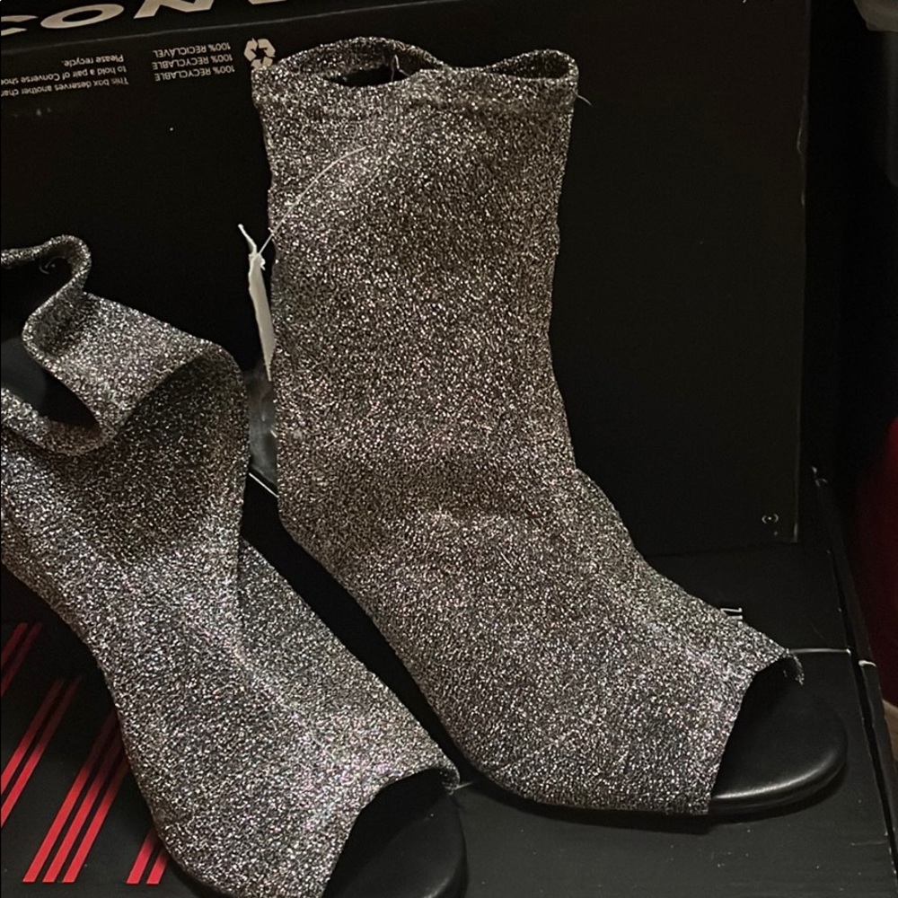 Silver open toe heel